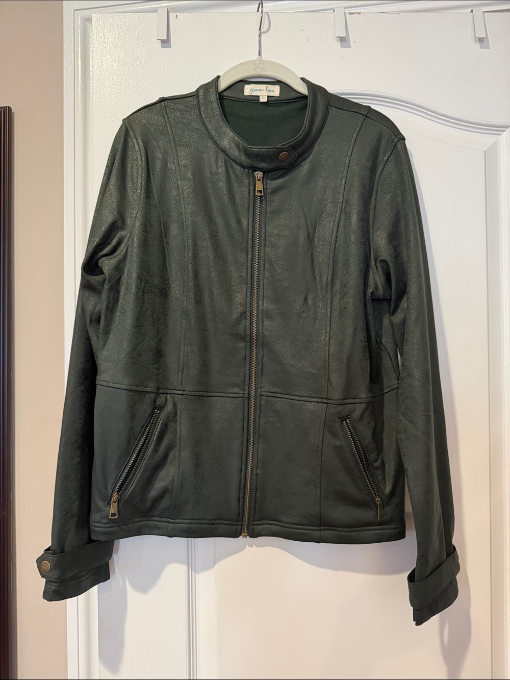 Grace & Lace Dark Green Faux Leather Zip-Up Jacket-L